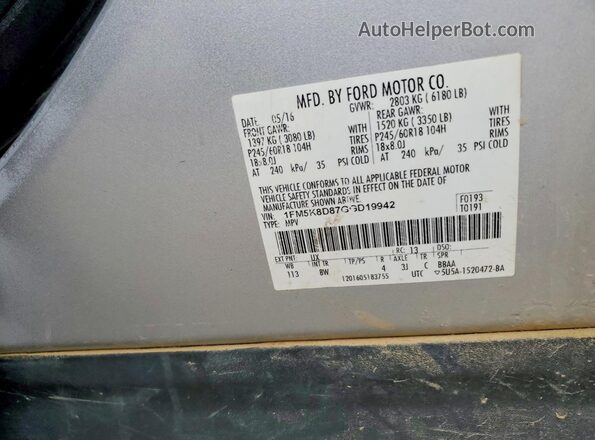 1FM5K8D87GGD19942 2016 FORD EXPLORER Серебряный Вид наклейки с VIN-кодом