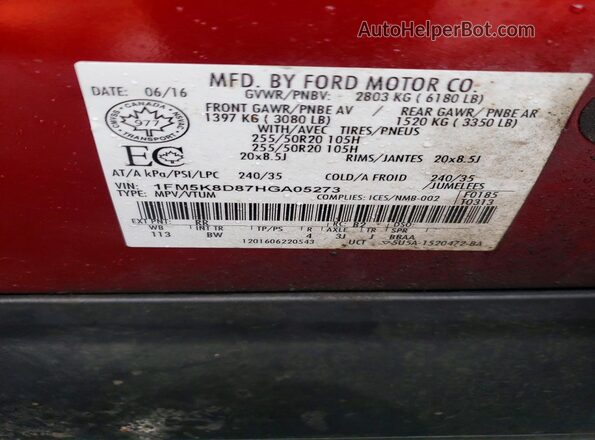 1FM5K8D87HGA05273 2017 FORD EXPLORER Red VIN sticker view