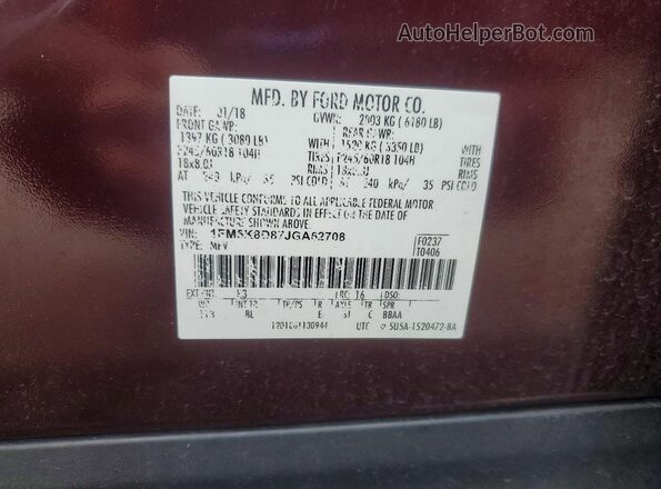 1FM5K8D87JGA62708 2018 FORD EXPLORER Burgundy Widok naklejki z numerem VIN