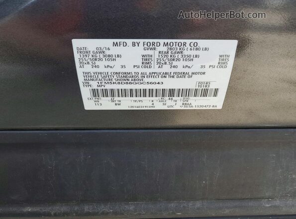 1FM5K8D88GGC56043 2016 FORD EXPLORER Gray VIN კოდის სტიკერის ხედი