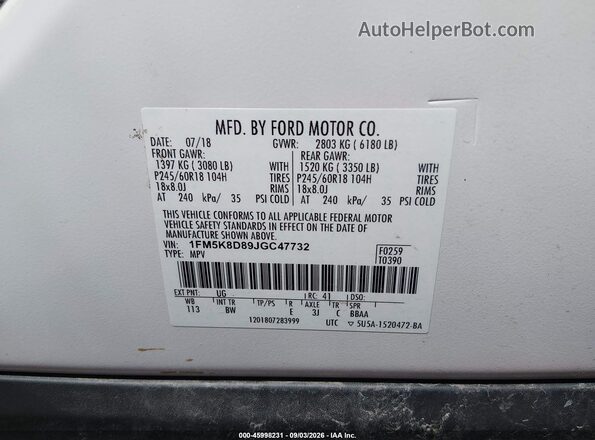1FM5K8D89JGC47732 2018 FORD EXPLORER White ძრავის განყოფილების ხედი