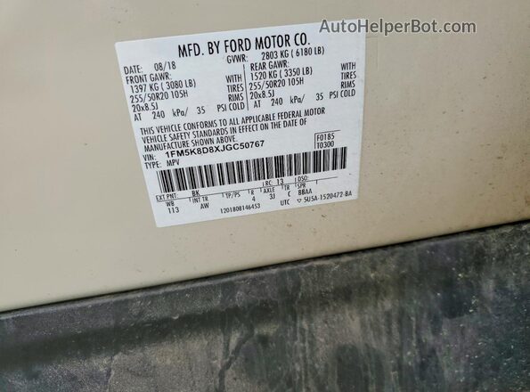 1FM5K8D8XJGC50767 2018 FORD EXPLORER Cream VIN կոդի պիտակի տեսք