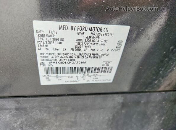 1FM5K8D8XKGA70108 2019 FORD EXPLORER Gray Widok naklejki z numerem VIN