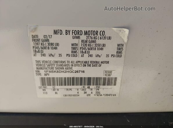 1FM5K8DH2HGC26716 2017 FORD EXPLORER White Vista del compartimento del motor