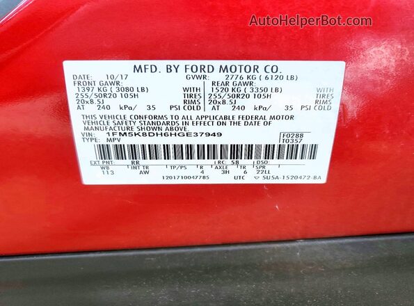 1FM5K8DH6HGE37949 2017 FORD EXPLORER Red VIN sticker view