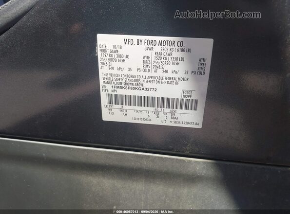 1FM5K8F80KGA32772 2019 FORD EXPLORER Gray Vista del compartimento del motor
