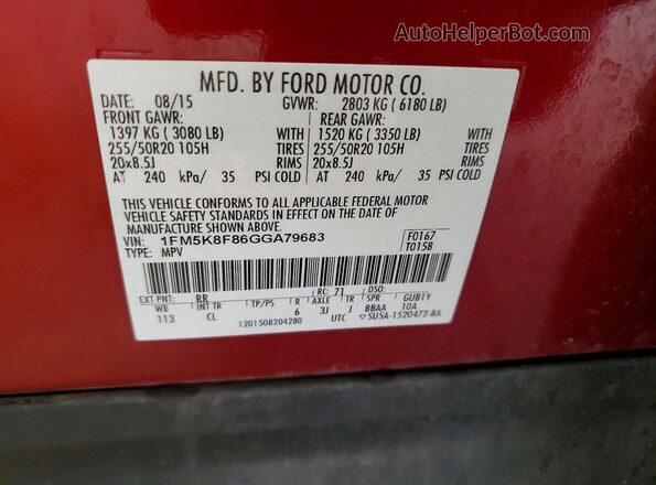 1FM5K8F86GGA79683 2016 FORD EXPLORER Red Widok naklejki z numerem VIN