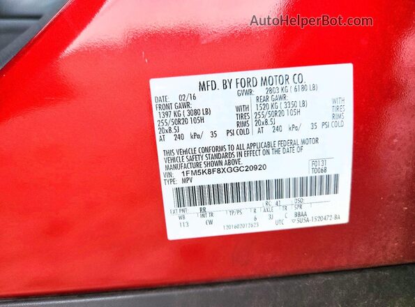 1FM5K8F8XGGC20920 2016 FORD EXPLORER Red Vista de la etiqueta del VIN