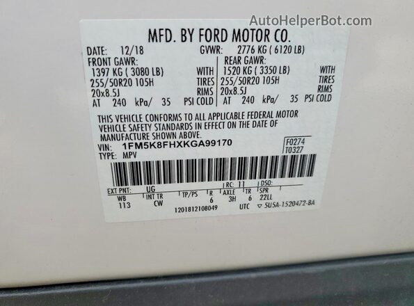 1FM5K8FHXKGA99170 2019 FORD EXPLORER White Widok wnętrza 360 stopni