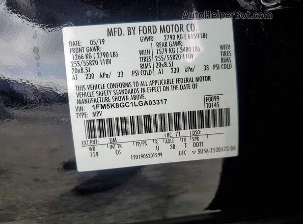 1FM5K8GC1LGA03317 2020 FORD EXPLORER Black VIN sticker view