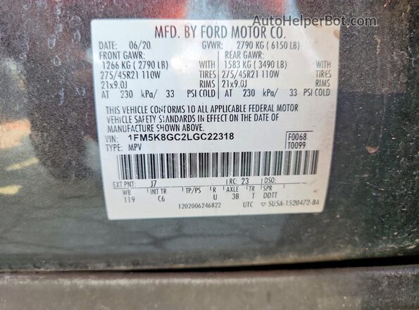 1FM5K8GC2LGC22318 2020 FORD EXPLORER Gray VIN sticker view