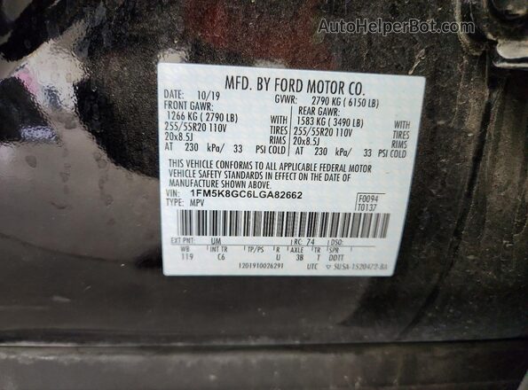 1FM5K8GC6LGA82662 2020 FORD EXPLORER Black VIN კოდის სტიკერის ხედი