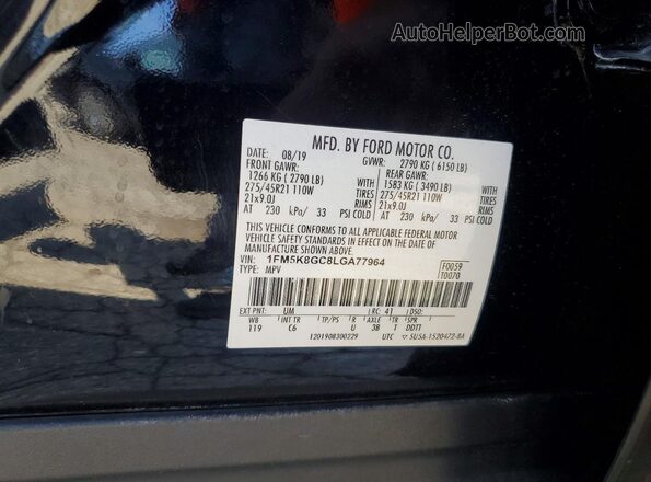 1FM5K8GC8LGA77964 2020 FORD EXPLORER Черный Вид наклейки с VIN-кодом