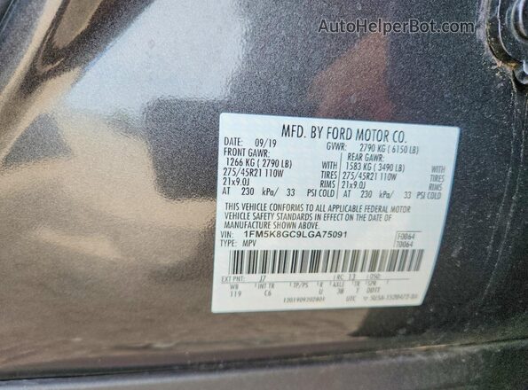 1FM5K8GC9LGA75091 2020 FORD EXPLORER Gray Vista de la etiqueta del VIN