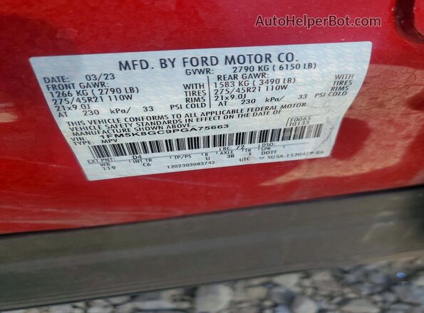 1FM5K8GC9PGA75663 2023 FORD EXPLORER Красный Вид наклейки с VIN-кодом