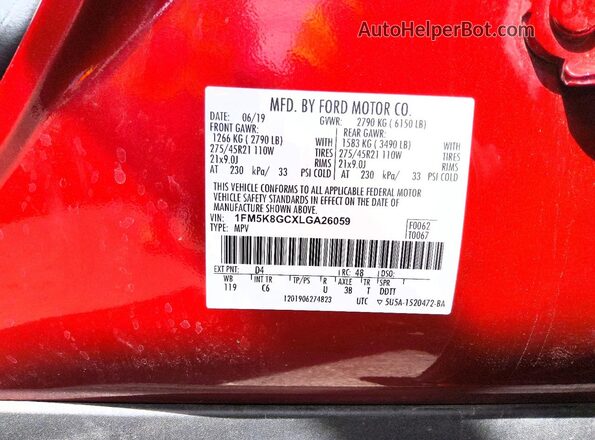 1FM5K8GCXLGA26059 2020 FORD EXPLORER Red Widok naklejki z numerem VIN