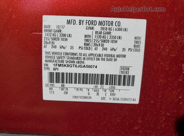 1FM5K8GT6JGA56074 2018 FORD EXPLORER Red Widok naklejki z numerem VIN