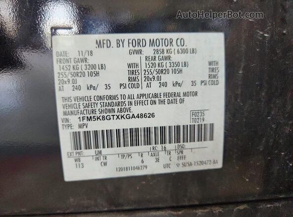 1FM5K8GTXKGA48626 2019 FORD EXPLORER Black Вид наклейки з VIN-кодом