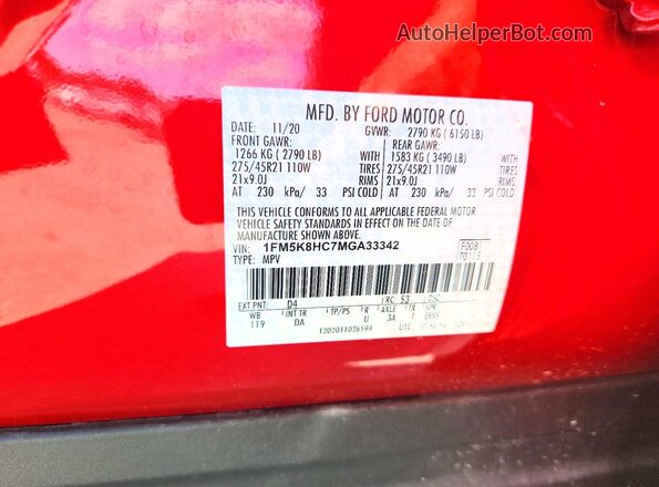 1FM5K8HC7MGA33342 2021 FORD EXPLORER Красный Вид подкапотного пространства