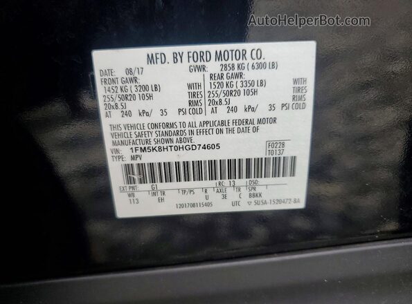1FM5K8HT0HGD74605 2017 FORD EXPLORER Black Vista de la etiqueta del VIN