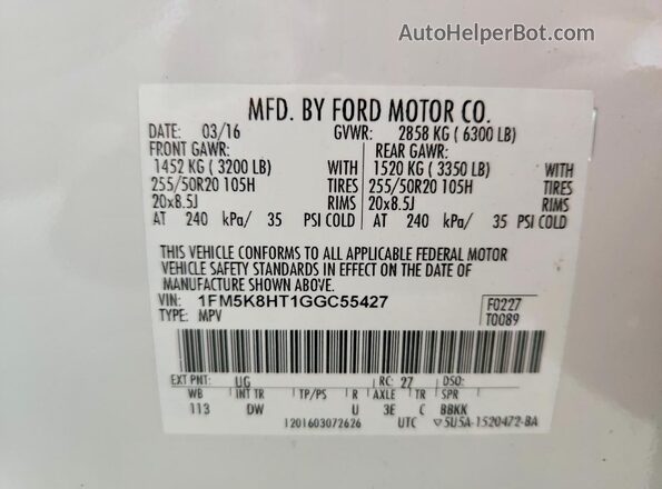 1FM5K8HT1GGC55427 2016 FORD EXPLORER White 360 interior view
