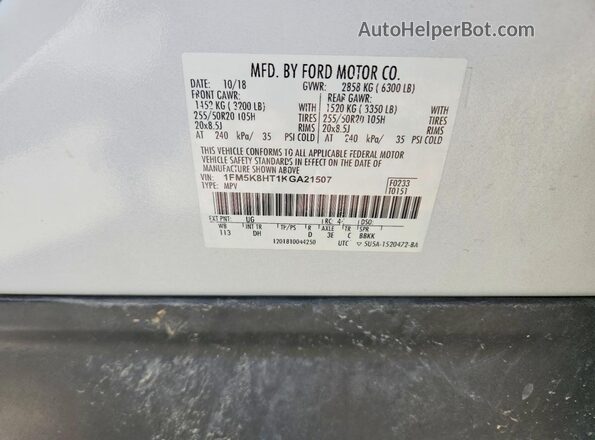1FM5K8HT1KGA21507 2019 FORD EXPLORER White Вид наклейки з VIN-кодом