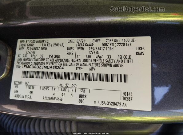 1FMCU0BZ3MUA68204 2021 FORD ESCAPE Серый Вид подкапотного пространства