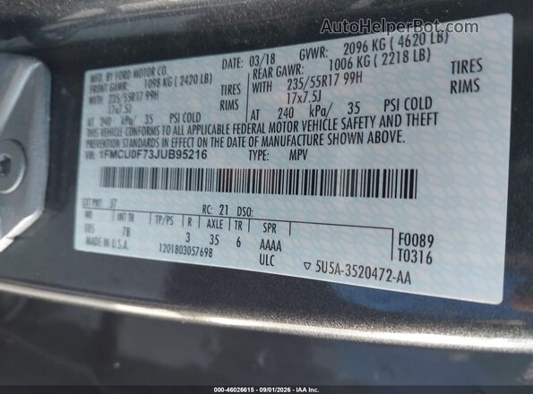 1FMCU0F73JUB95216 2018 FORD ESCAPE Gray Շարժիչի բաժամունքի տեսք