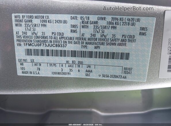 1FMCU0F73JUC89337 2018 FORD ESCAPE Silver Vista del compartimento del motor
