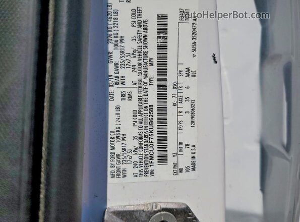 1FMCU0F75KUB62588 2019 FORD ESCAPE White Вид наклейки з VIN-кодом