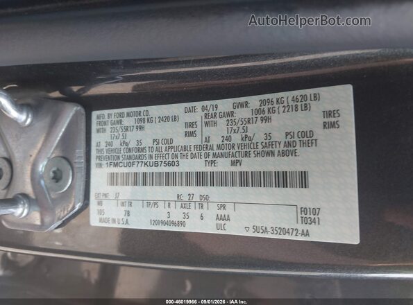 1FMCU0F77KUB75603 2019 FORD ESCAPE Gray ძრავის განყოფილების ხედი