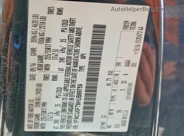 1FMCU0F78HUB89759 2017 FORD ESCAPE Черный Вид наклейки с VIN-кодом
