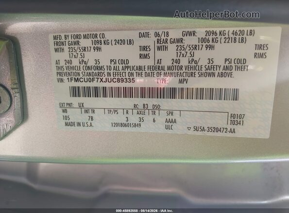 1FMCU0F7XJUC89335 2018 FORD ESCAPE Silver Вид підкапотного простору