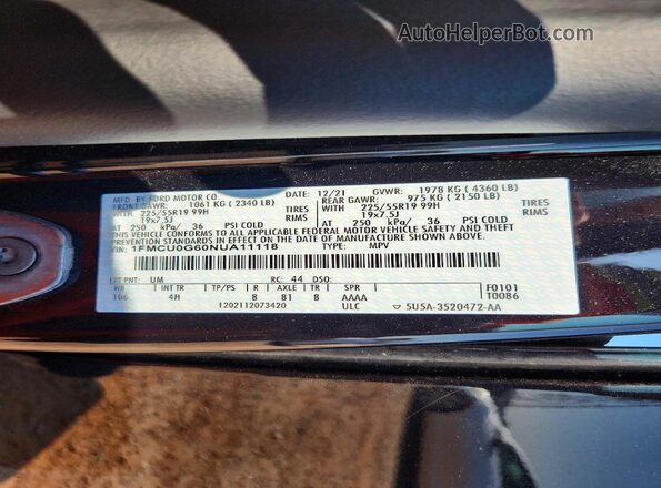 1FMCU0G60NUA11118 2022 FORD ESCAPE Black Widok naklejki z numerem VIN