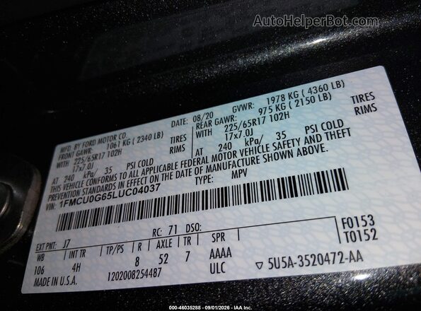 1FMCU0G65LUC04037 2020 FORD ESCAPE Gray Շարժիչի բաժամունքի տեսք