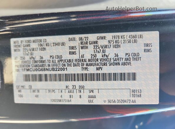 1FMCU0G68NUB22001 2022 FORD ESCAPE Blue VIN կոդի պիտակի տեսք