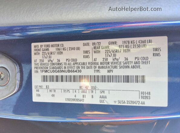 1FMCU0G69NUB66430 2022 FORD ESCAPE Blue Vista de la etiqueta del VIN
