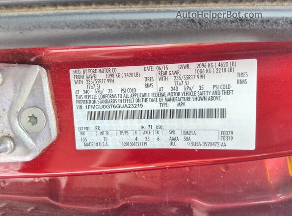 1FMCU0G76GUA23219 2016 FORD ESCAPE Red Widok wnętrza 360 stopni