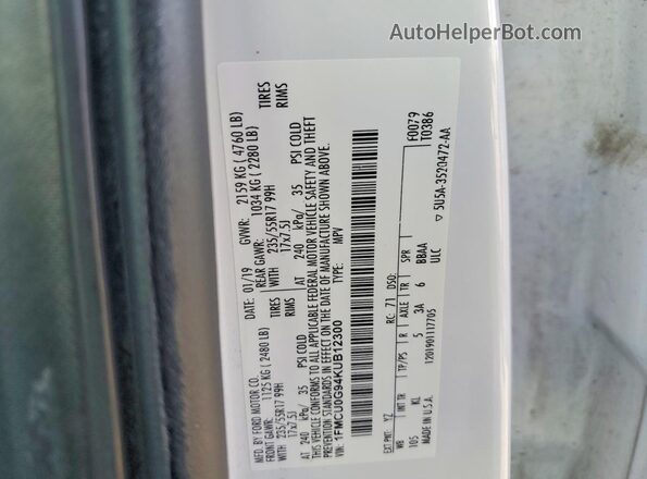 1FMCU0G94KUB12300 2019 FORD ESCAPE Белый Вид наклейки с VIN-кодом