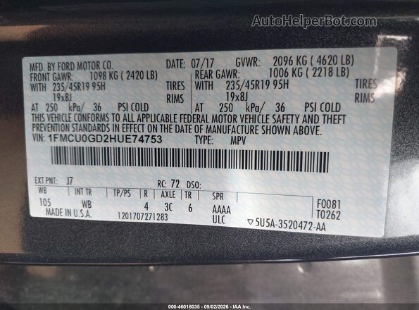 1FMCU0GD2HUE74753 2017 FORD ESCAPE Серый Вид подкапотного пространства