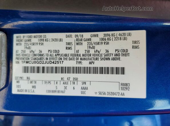 1FMCU0GD2JUD42517 2018 FORD ESCAPE Blue VIN კოდის სტიკერის ხედი