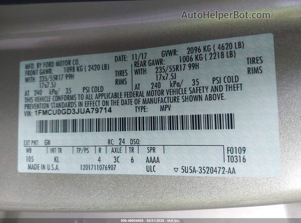 1FMCU0GD3JUA79714 2018 FORD ESCAPE Beige Вид підкапотного простору