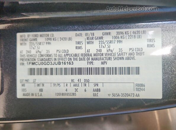 1FMCU0GD3JUB16163 2018 FORD ESCAPE Gray Вид наклейки з VIN-кодом