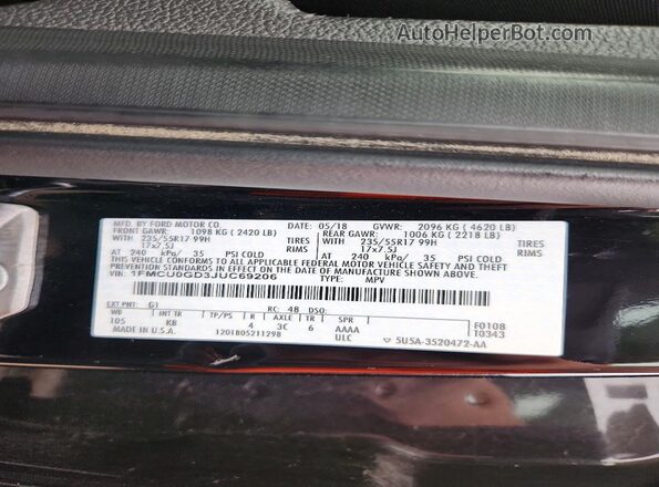 1FMCU0GD3JUC69206 2018 FORD ESCAPE Black VIN კოდის სტიკერის ხედი