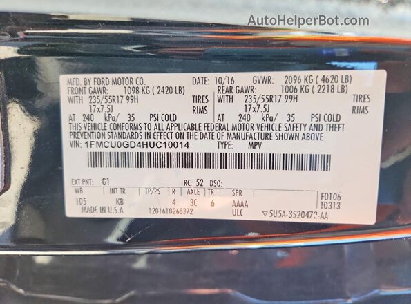 1FMCU0GD4HUC10014 2017 FORD ESCAPE Black Vista de la etiqueta del VIN