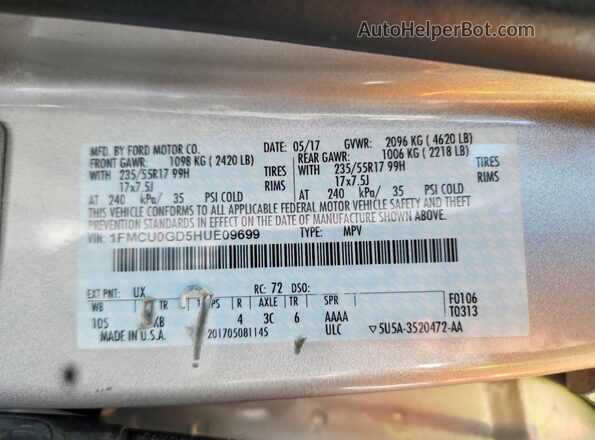 1FMCU0GD5HUE09699 2017 FORD ESCAPE Silver VIN կոդի պիտակի տեսք