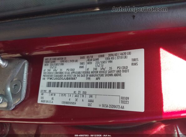 1FMCU0GD5JUB85887 2018 FORD ESCAPE Red Շարժիչի բաժամունքի տեսք