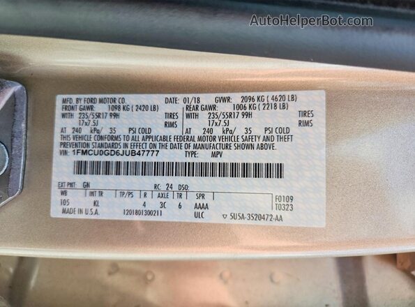 1FMCU0GD6JUB47777 2018 FORD ESCAPE Gold Widok naklejki z numerem VIN