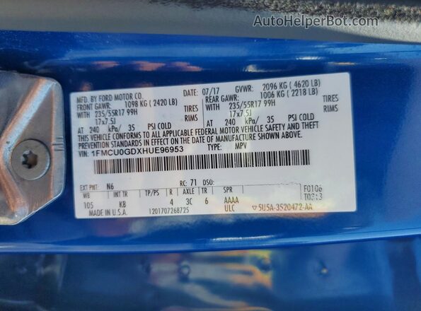 1FMCU0GDXHUE96953 2017 FORD ESCAPE Blue Շարժիչի բաժամունքի տեսք