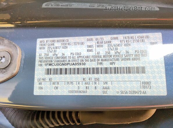 1FMCU0GN0PUA05930 2023 FORD ESCAPE Blue VIN sticker view